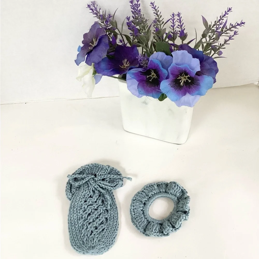 Hand Crafted Soap Saver Bag Pouch Hair Scrunchy Bath Essential Cotten Denim Blue